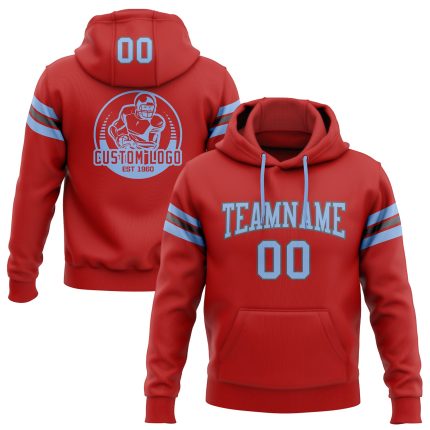 Custom Team Football Hoodie with Personalized Name and Number, Stitched Red Light Blue and Steel Gray Pullover Sweatshirt