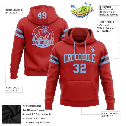 Custom Team Football Hoodie with Personalized Name and Number, Stitched Red Light Blue and Steel Gray Pullover Sweatshirt