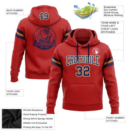 Custom Team Name Number Hoodie - Personalized Pullover Sweatshirt in Red Navy and Old Gold Football Design Personalized Stitched