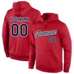 Custom Team Name and Number Stitched Sports Pullover Hoodie in Red, Navy, and Old Gold Personalized Stitched Red Navy-Old
