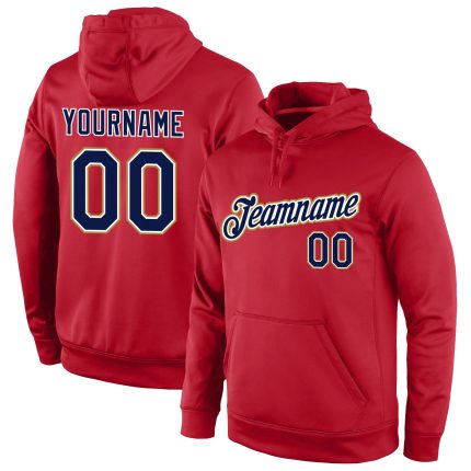 Custom Team Name and Number Stitched Sports Pullover Hoodie in Red, Navy, and Old Gold Personalized Stitched Red Navy-Old