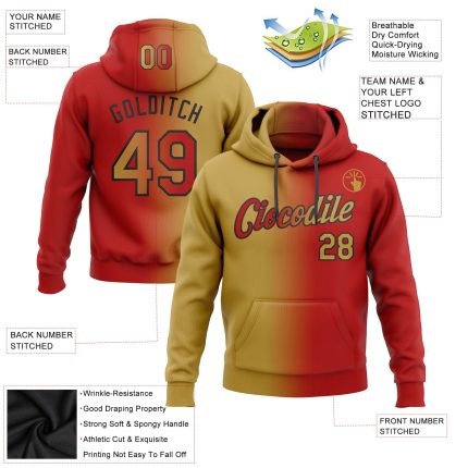 Custom Name Number Hoodie Sweatshirt - Personalized Red Old Gold Black Gradient Fashion Sports Pullover Personalized Stitched