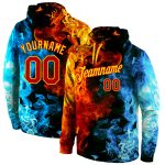 Custom Flame Sports Hoodie with 3D Pattern Design, Personalized Red & Gold Pullover Sweatshirt, Team Name & Number Personalized