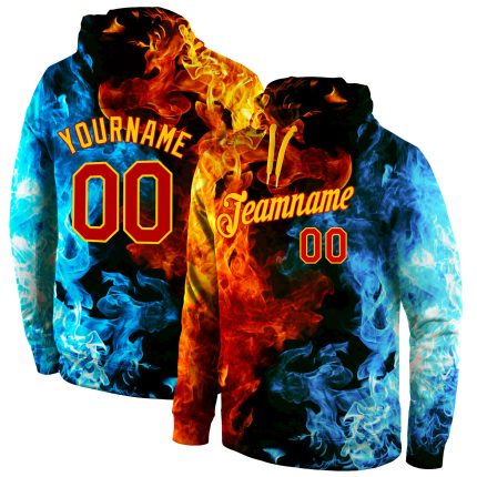 Custom Flame Sports Hoodie with 3D Pattern Design, Personalized Red & Gold Pullover Sweatshirt, Team Name & Number Personalized