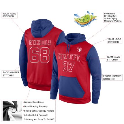 Custom Name and Number Sports Hoodie Sweatshirt - Personalized Stitched Red-Royal Pullover for Teams Personalized Stitched