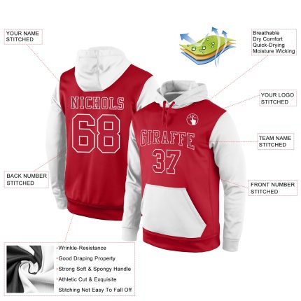Custom Name Number Sports Hoodie Pullover Sweatshirt Red-White Stitched Personalized Team Apparel Personalized Stitched Red