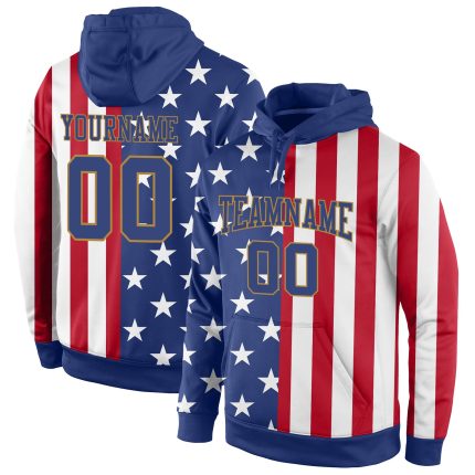 Personalized 3D American Flag Hoodie with Custom Name & Number, Red Royal-Old Gold Pullover Sports Sweatshirt Personalized
