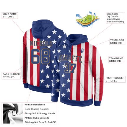 Personalized 3D American Flag Hoodie with Custom Name & Number, Red Royal-Old Gold Pullover Sports Sweatshirt Personalized