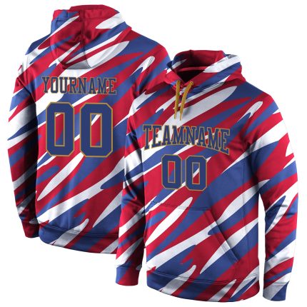Custom Name and Number Sports Hoodie with 3D Pattern Design in Red and Old Gold - Personalized Pullover Sweatshirt Personalized