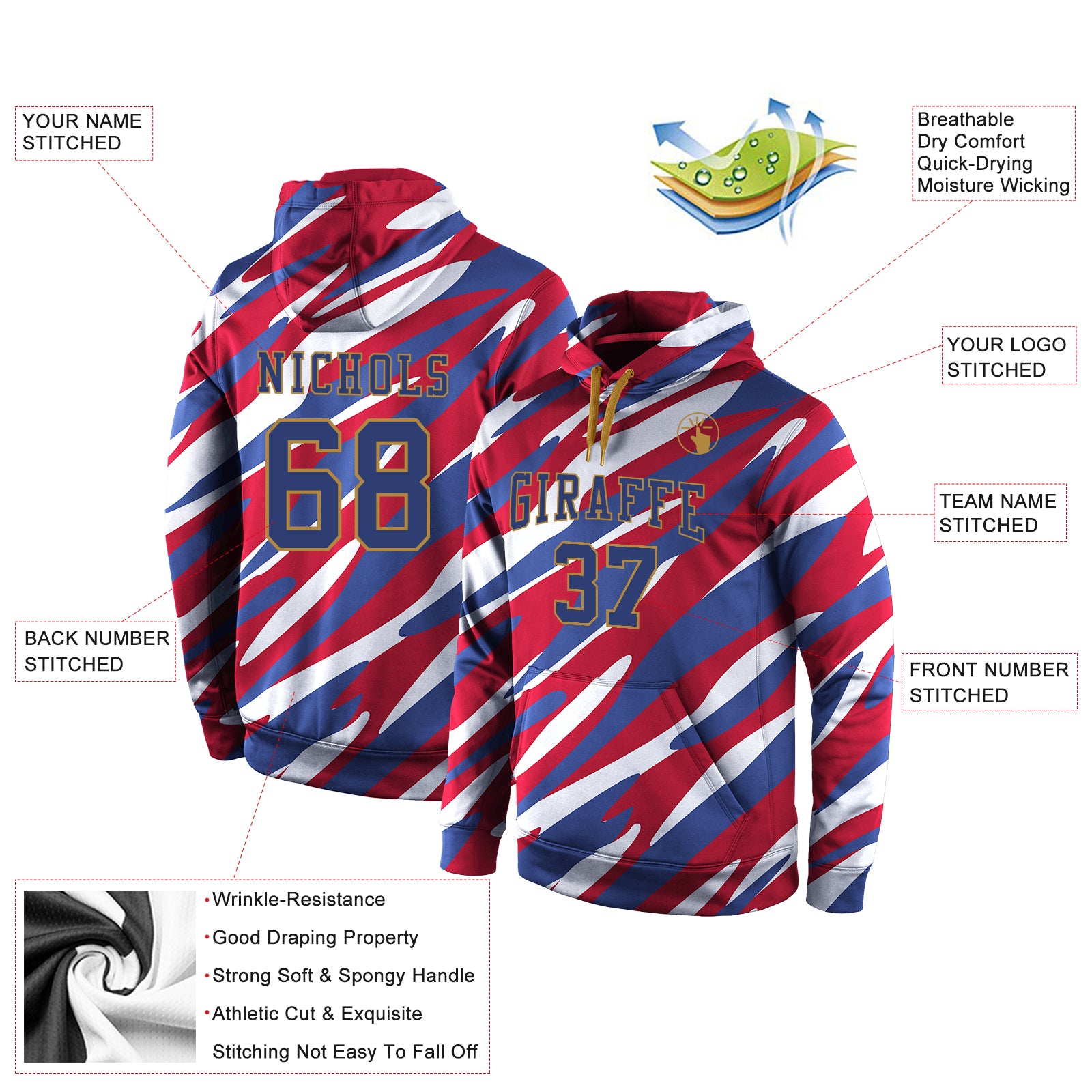 Personalized Stitched Red Royal-Old Gold 3D Pattern Design Sports Pullover Sweatshirt Hoodie Team Custom Name and Number Custom Name and Number Sports Hoodie with 3D Pattern Design in Red and Old Gold - Personalized Pullover Sweatshirt Personalized - Image 2