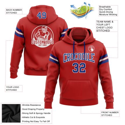 Custom Stitched Red Royal-White Football Hoodie with Personalized Name & Number - Pullover Sweatshirt Personalized Stitched