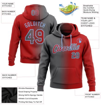 Custom Name Number Personalized Sports Hoodie Red Steel Gray Light Blue Gradient Pullover Sweatshirt Personalized Stitched