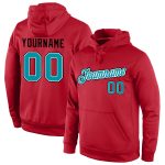 Custom Name Number Hoodie, Red Teal-Black Sports Pullover Sweatshirt, Personalized Team Apparel Personalized Stitched Red