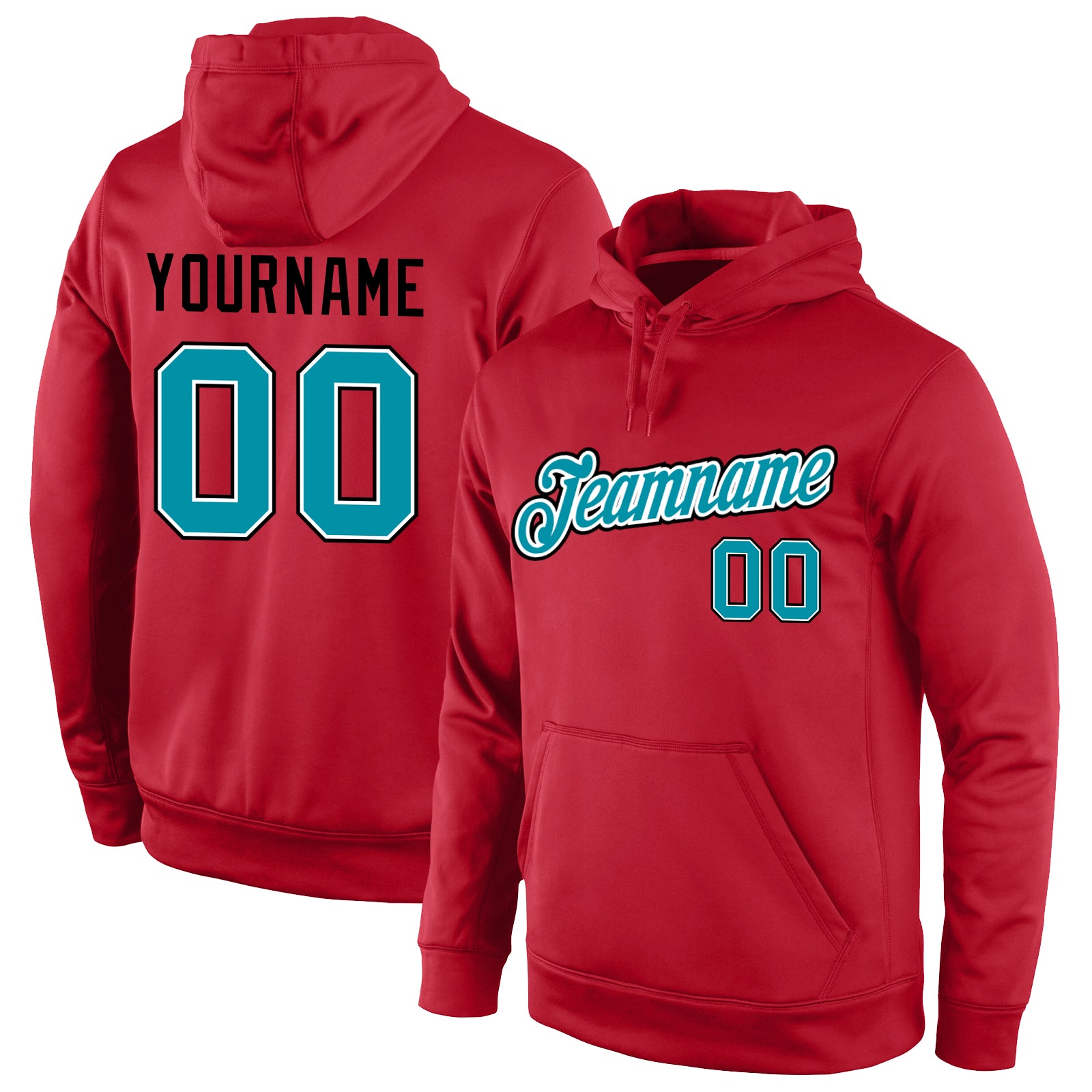 Custom Name Number Hoodie, Red Teal-Black Sports Pullover Sweatshirt, Personalized Team Apparel Personalized Stitched Red