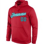 Custom Name Number Hoodie, Red Teal-Black Sports Pullover Sweatshirt, Personalized Team Apparel Personalized Stitched Red