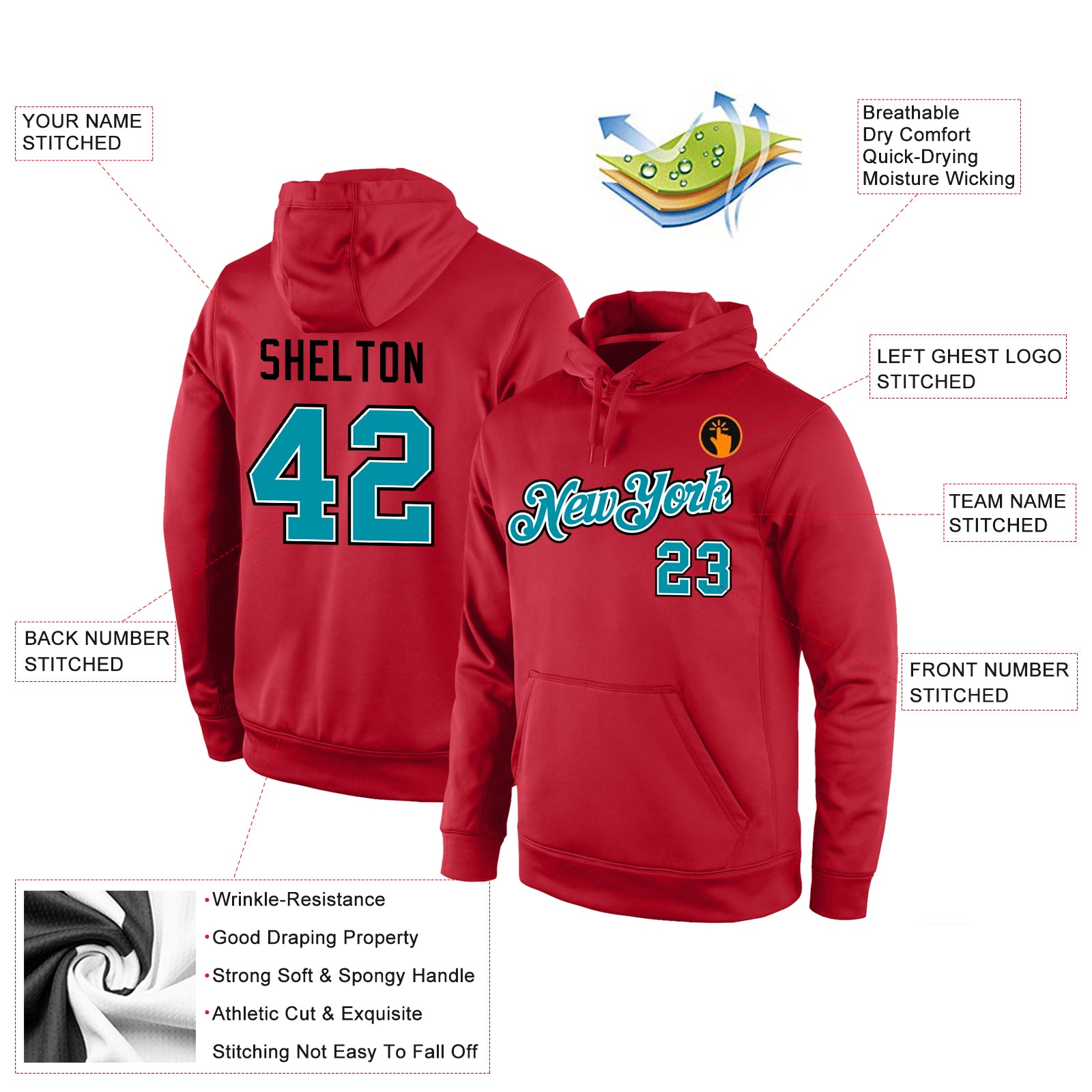 Personalized Stitched Red Teal-Black Sports Pullover Sweatshirt Hoodie Team Custom Name and Number Custom Name Number Hoodie, Red Teal-Black Sports Pullover Sweatshirt, Personalized Team Apparel Personalized Stitched Red - Image 4
