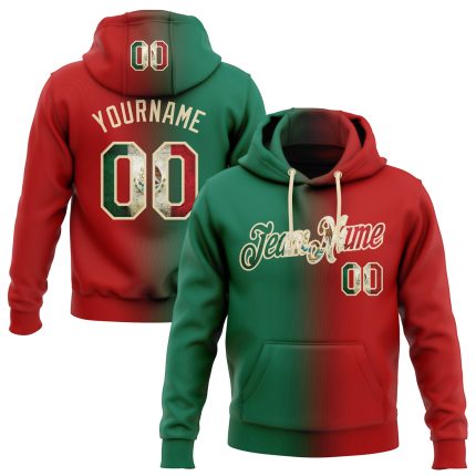 Personalized Vintage Mexican Flag Pullover Hoodie with Custom Name and Number in Red and Kelly Green-City Cream Gradient