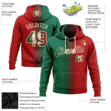 Personalized Vintage Mexican Flag Pullover Hoodie with Custom Name and Number in Red and Kelly Green-City Cream Gradient