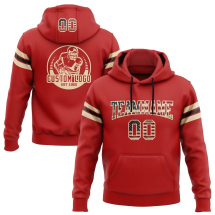 Personalized Vintage USA Flag Football Hoodie Custom Name Number Sweatshirt Pullover Red Cream-Black Team Apparel Personalized