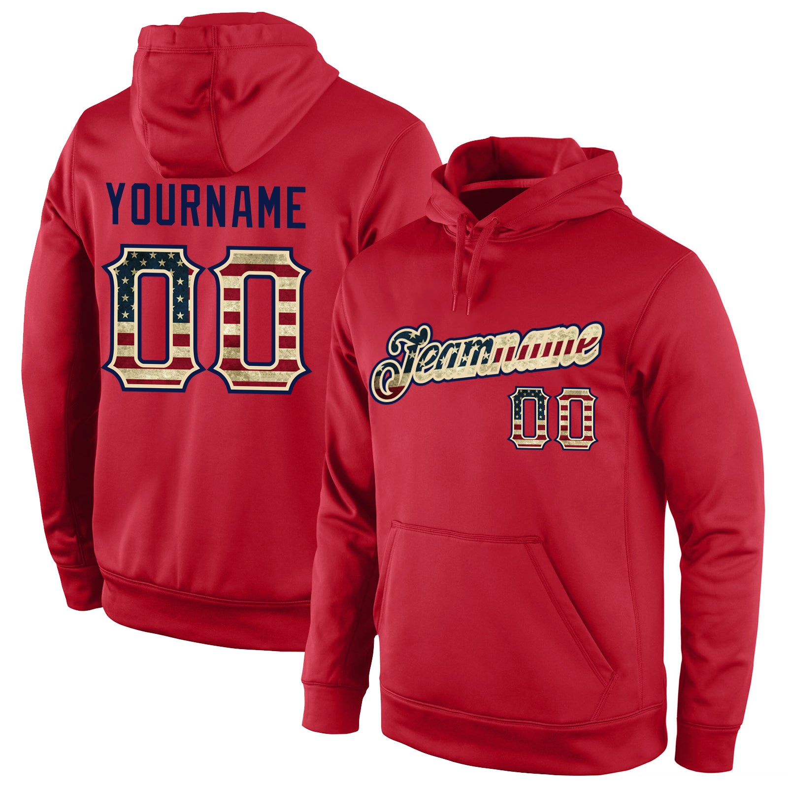 Custom Name Number Vintage Red USA Flag Pullover Hoodie Cream Sports Sweatshirt Personalized Stitched Red Vintage USA Flag-Cream