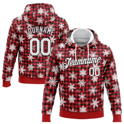 Custom Name and Number 3D Christmas Plaid Red Black Pullover Hoodie Sweatshirt for Snow Sports Personalized Stitched Red