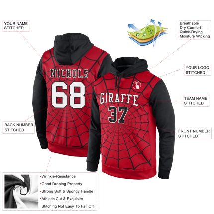 Custom Name and Number Personalized 3D Spider Sports Hoodie Sweatshirt with Red White and Black Pattern Design Personalized