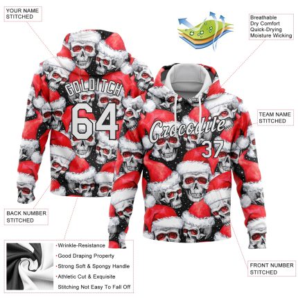 Custom Name and Number Personalized 3D Skull Hoodie with Santa Hat - Red, White, Black Sports Pullover Sweatshirt Personalized