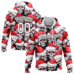 Custom Name and Number Personalized 3D Skull Hoodie with Santa Hat - Red, White, Black Sports Pullover Sweatshirt Personalized