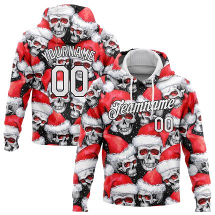 Custom Name and Number Personalized 3D Skull Hoodie with Santa Hat - Red, White, Black Sports Pullover Sweatshirt Personalized