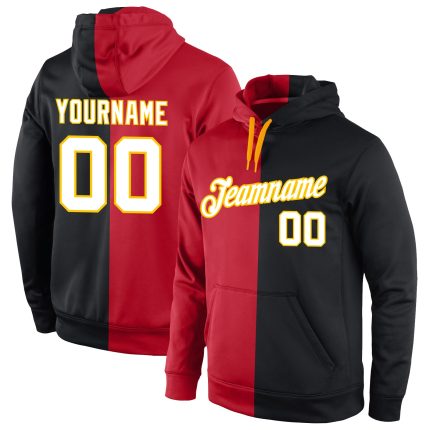 Custom Sports Hoodie Pullover Sweatshirt with Name and Number - Personalized Red White Black Split Fashion Personalized Stitched