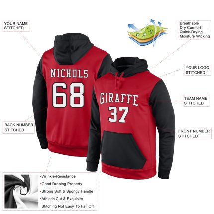 Custom Team Name Number Hoodie Personalized Sports Pullover Sweatshirt Stitched Red Black White Personalized Stitched Red