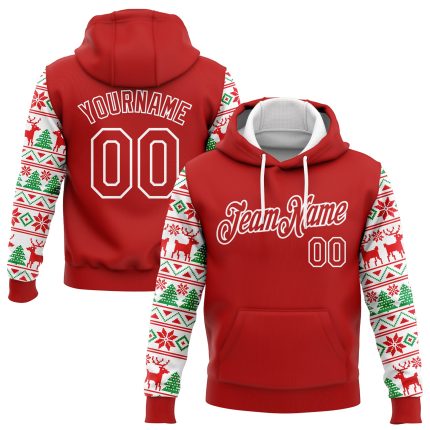 Custom Name and Number 3D Christmas Sports Hoodie - Personalized Stitched Pullover Sweatshirt in Red and White Personalized