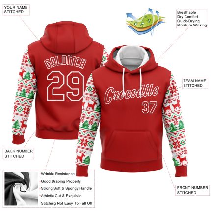 Custom Name and Number 3D Christmas Sports Hoodie - Personalized Stitched Pullover Sweatshirt in Red and White Personalized