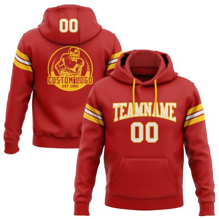 Custom Team Hoodie with Personalized Name & Number - Red White-Gold Football Pullover Sweatshirt Personalized Stitched Red