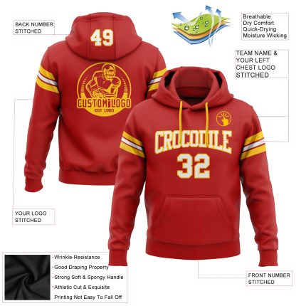 Custom Team Hoodie with Personalized Name & Number - Red White-Gold Football Pullover Sweatshirt Personalized Stitched Red
