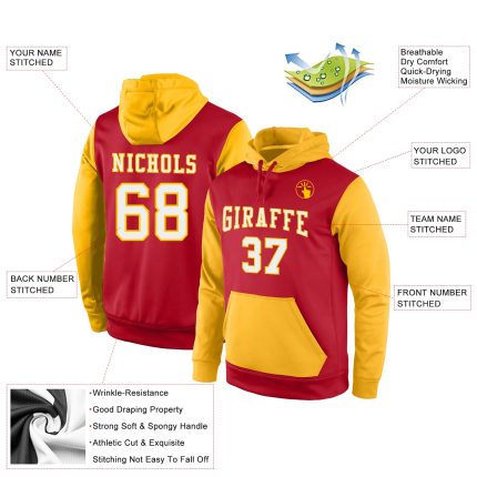 Personalized Red White Gold Sports Hoodie Sweatshirt Pullover - Custom Stitched Design Personalized Stitched Red White-Gold