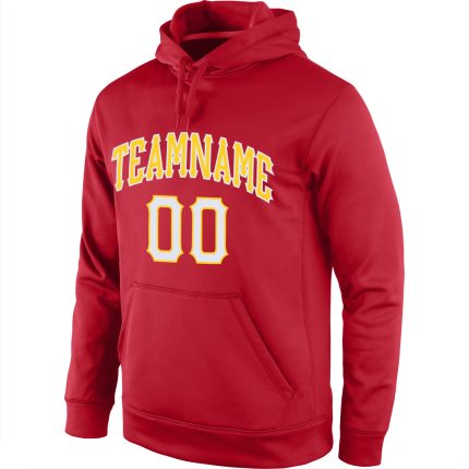 Custom Team Name Number Red White Gold Pullover Hoodie Personalized Stitched Sports Sweatshirt Personalized Stitched Red