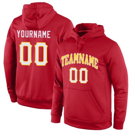 Custom Team Name Number Red White Gold Pullover Hoodie Personalized Stitched Sports Sweatshirt Personalized Stitched Red