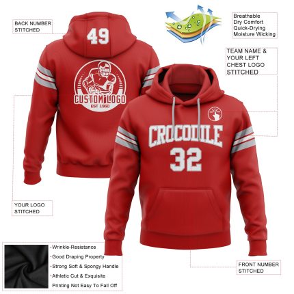 Custom Team Football Hoodie with Personalized Name & Number - Stitched Pullover Sweatshirt in Red, White & Gray Personalized