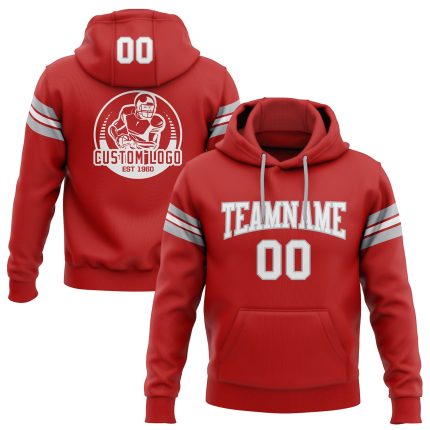 Custom Team Football Hoodie with Personalized Name & Number - Stitched Pullover Sweatshirt in Red, White & Gray Personalized
