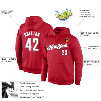 Custom Team Hoodie - Personalized Red White Gray Sports Sweatshirt with Name and Number Personalized Stitched Red White-Gray