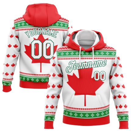 Custom Canadian Flag Sports Hoodie Pullover Sweatshirt with Stitched Team Name and Number - Red White Kelly Green Personalized