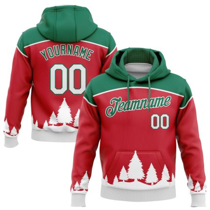 Custom 3D Christmas Trees Sports Hoodie with Personalized Name & Number - Stitched Red White Kelly Green Pullover Sweatshirt