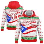 Personalized 3D Puerto Rican Flag Hoodie with Custom Name & Number - Red White Kelly Green Sports Pullover Sweatshirt Personalized