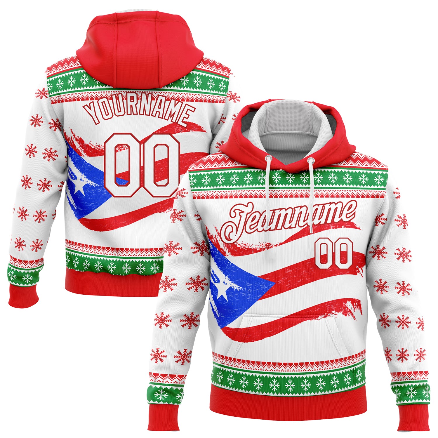 Personalized 3D Puerto Rican Flag Hoodie with Custom Name & Number - Red White Kelly Green Sports Pullover Sweatshirt Personalized