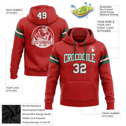 Custom Name Number Football Hoodie Sweatshirt Pullover Personalized Red White Kelly Green Team Apparel Personalized Stitched