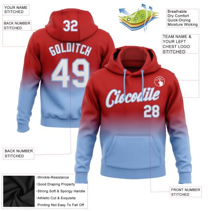 Custom Name Number Sports Hoodie Pullover Sweatshirt - Personalized Red Light Blue Fade Team Apparel Personalized Stitched