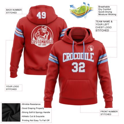 Custom Team Hoodie with Personalized Name & Number - Red, White & Light Blue Stitched Football Pullover Sweatshirt Personalized