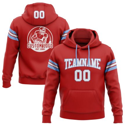 Custom Team Hoodie with Personalized Name & Number - Red, White & Light Blue Stitched Football Pullover Sweatshirt Personalized