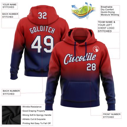 Custom Name Number Sports Hoodie Pullover Sweatshirt Red White Navy Fade Fashion Team Apparel Personalized Stitched Red White-Navy